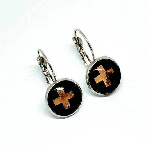 Rose gold cross on black glass dome earrings