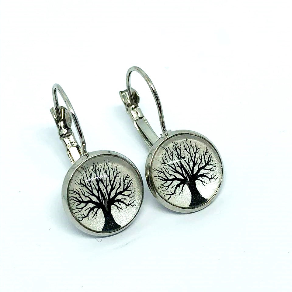 Tree of life on a pearl background glass dome  earrings